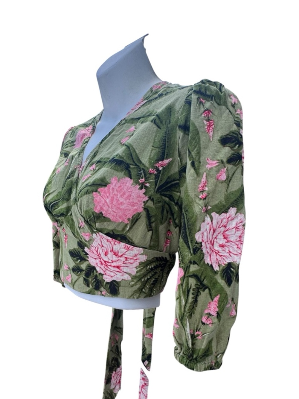 Agua Bendita Olive Green Floral Wrap Crop Top with Pink Blooms